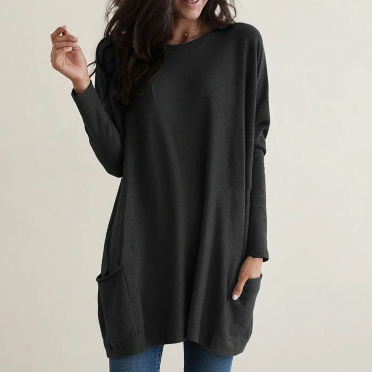 Gwen | Women's Oversized Sweater Dress with Pockets – Long Sleeve Crew Neck Knit Dress – Black