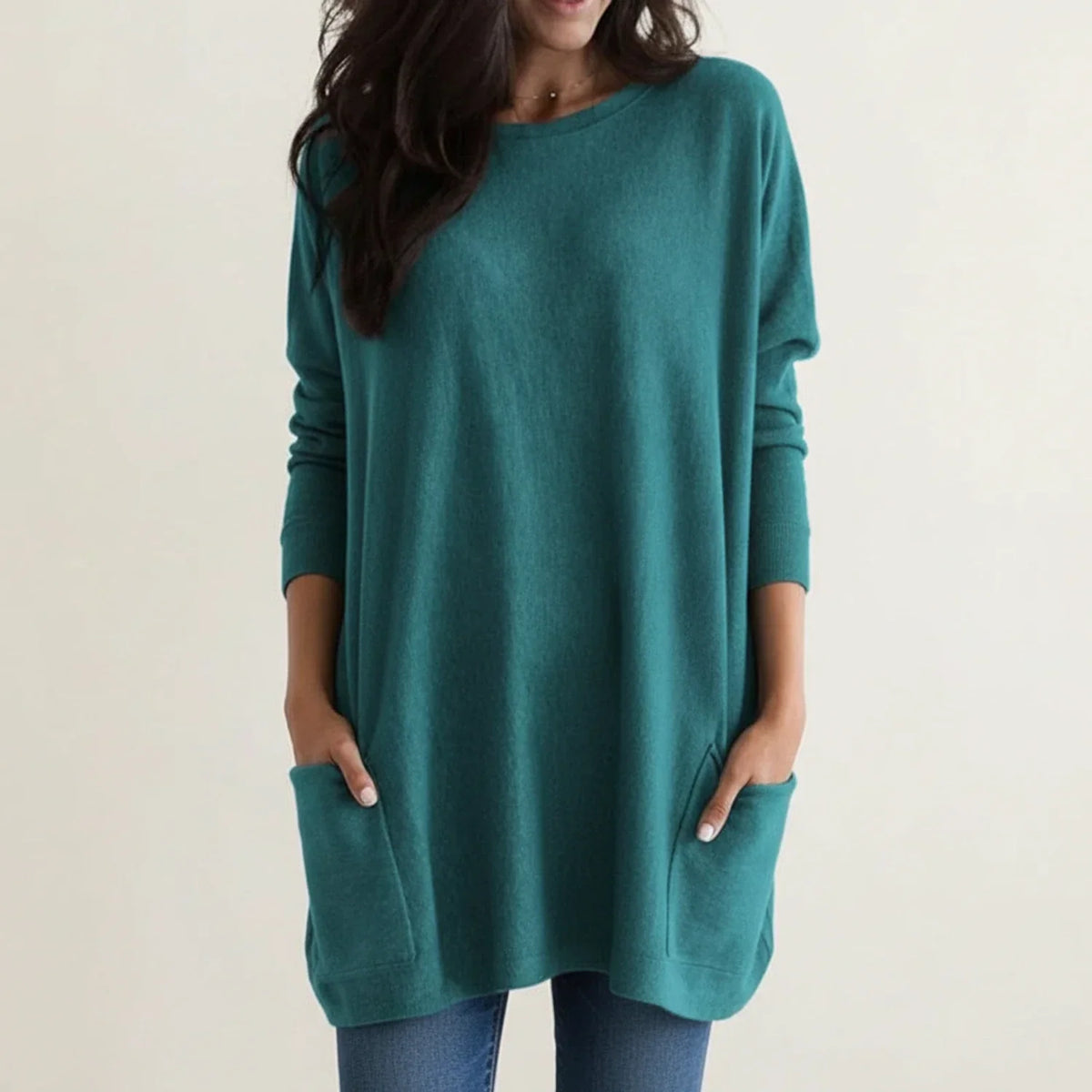 Gwen | Women's Oversized Sweater Dress with Pockets – Long Sleeve Crew Neck Knit Dress – Teal