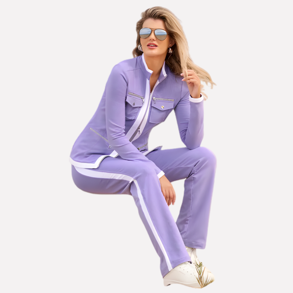 Gwendolyn – Women's Zip Jacket and Jogger Set – Utility Pockets with Contrast Piping