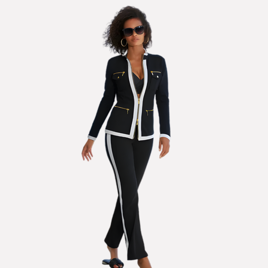 Gwendolyn – Women's Zip Jacket and Jogger Set – Utility Pockets with Contrast Piping