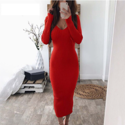 Hana | Women's Stretch Knit Bodycon Dress – Long Sleeve Fitted Sweater Dress for Fall – Red