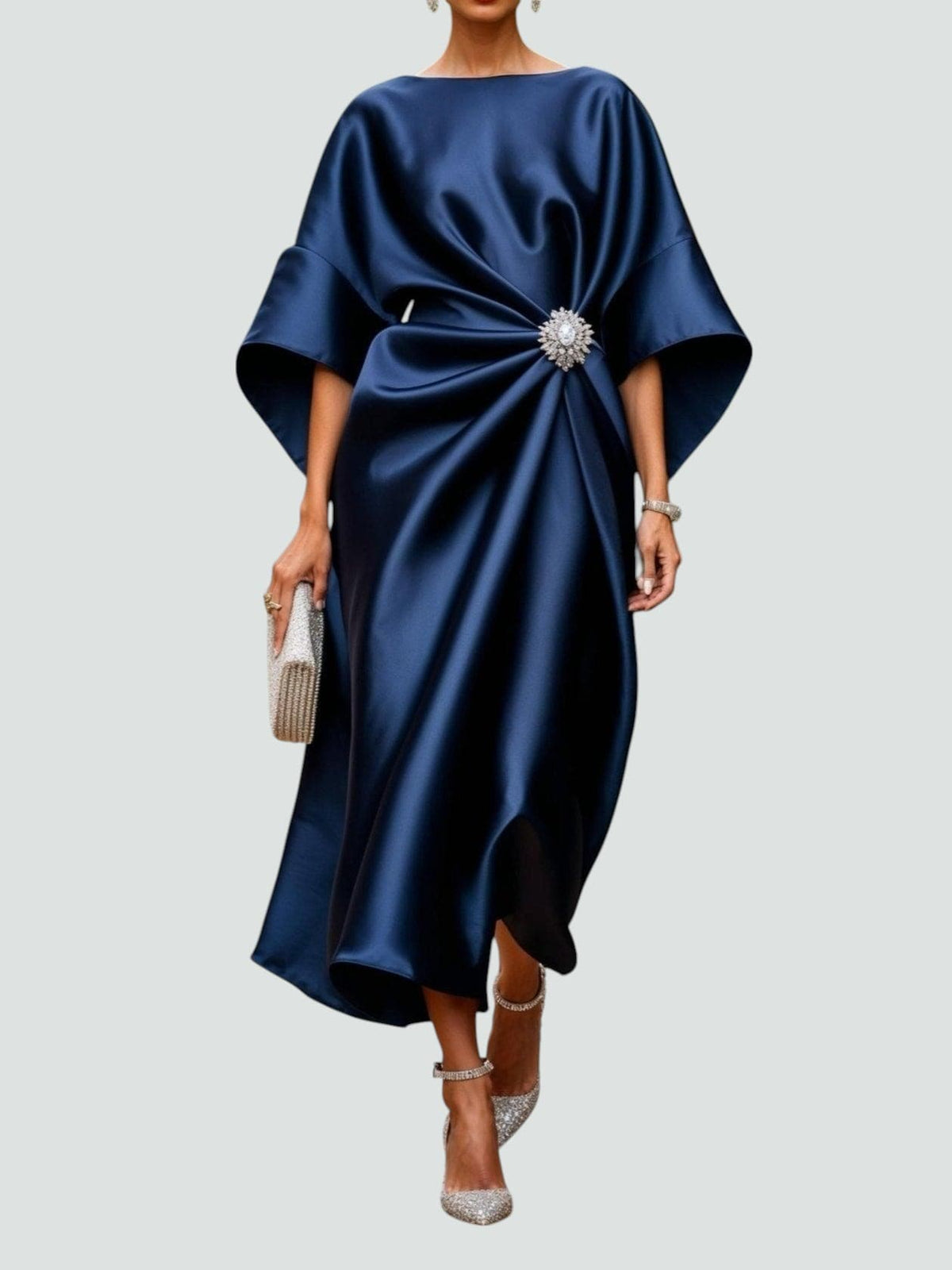 Harriet – Women's Draped Satin-Finish Maxi Gown – Cape Sleeves with Brooch Waist