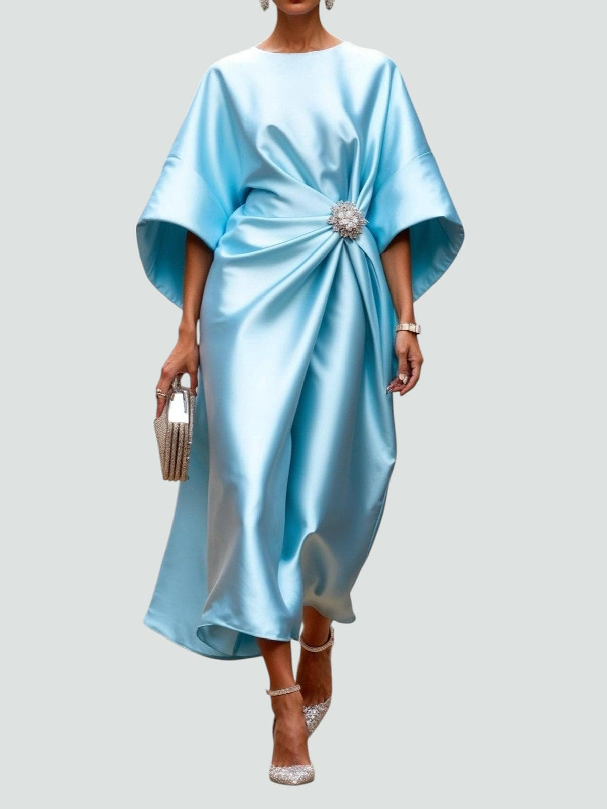 Harriet – Women's Draped Satin-Finish Maxi Gown – Cape Sleeves with Brooch Waist