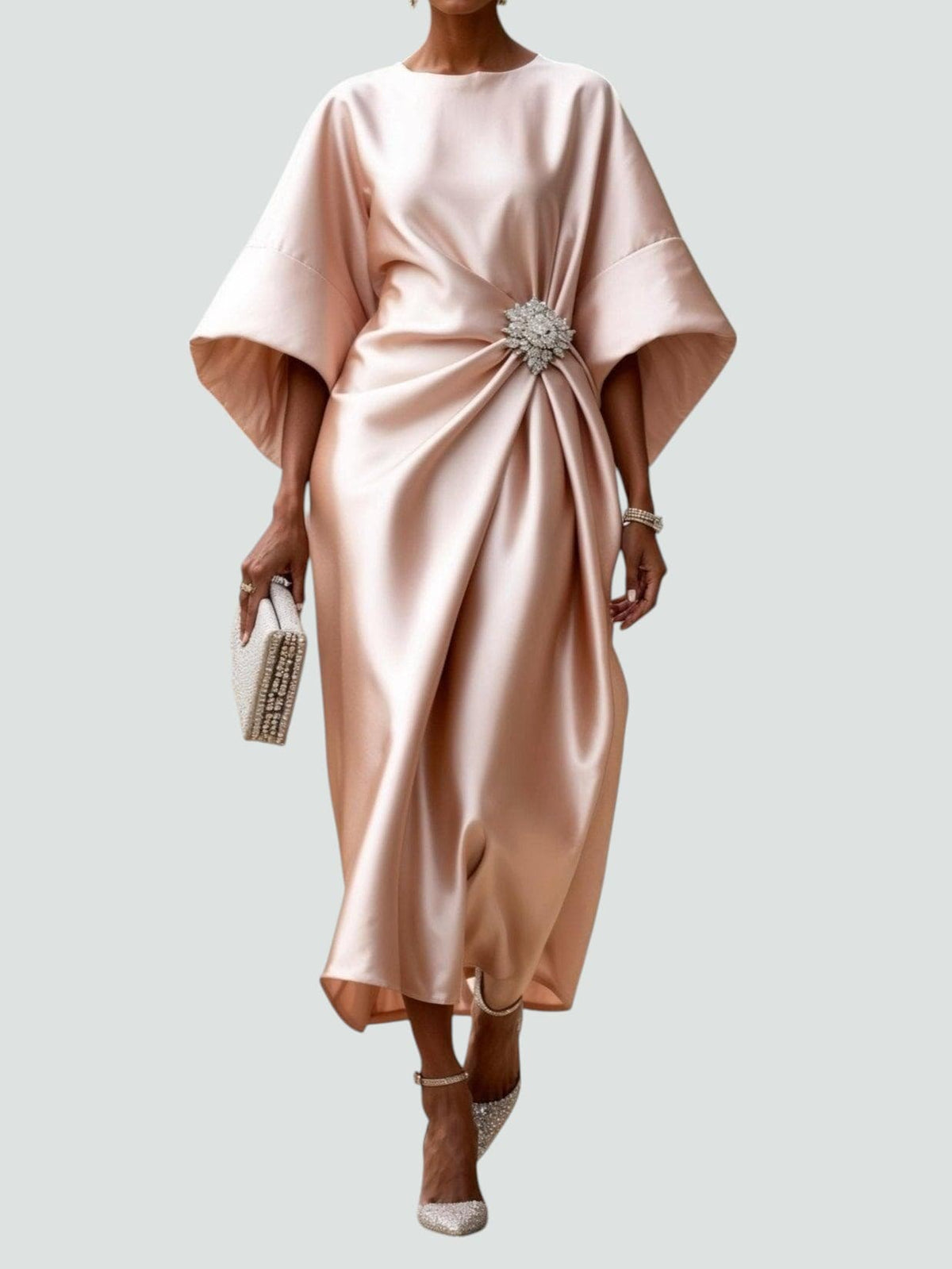 Harriet – Women's Draped Satin-Finish Maxi Gown – Cape Sleeves with Brooch Waist