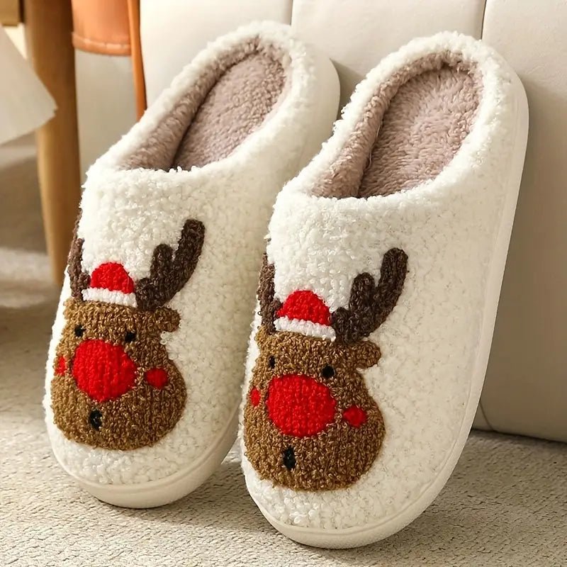 Holly | Women's Fuzzy Christmas Slippers – Plush Lining, Non-Slip Sole, Festive Motifs – Red Reindeer