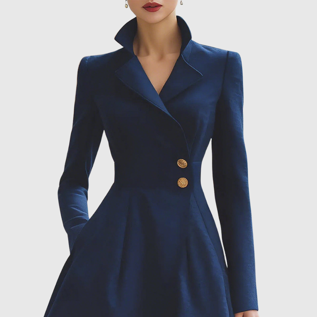 Hope | Women's Long Sleeve V-Neck Midi Dress – Fit and Flare with Gold Buttons