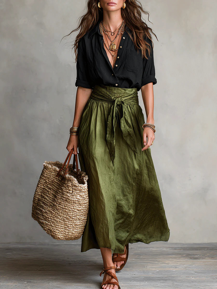 Ida | Women's Two-Piece Blouse and Midi Skirt Set – Long Sleeve Button Top Outfit – Black