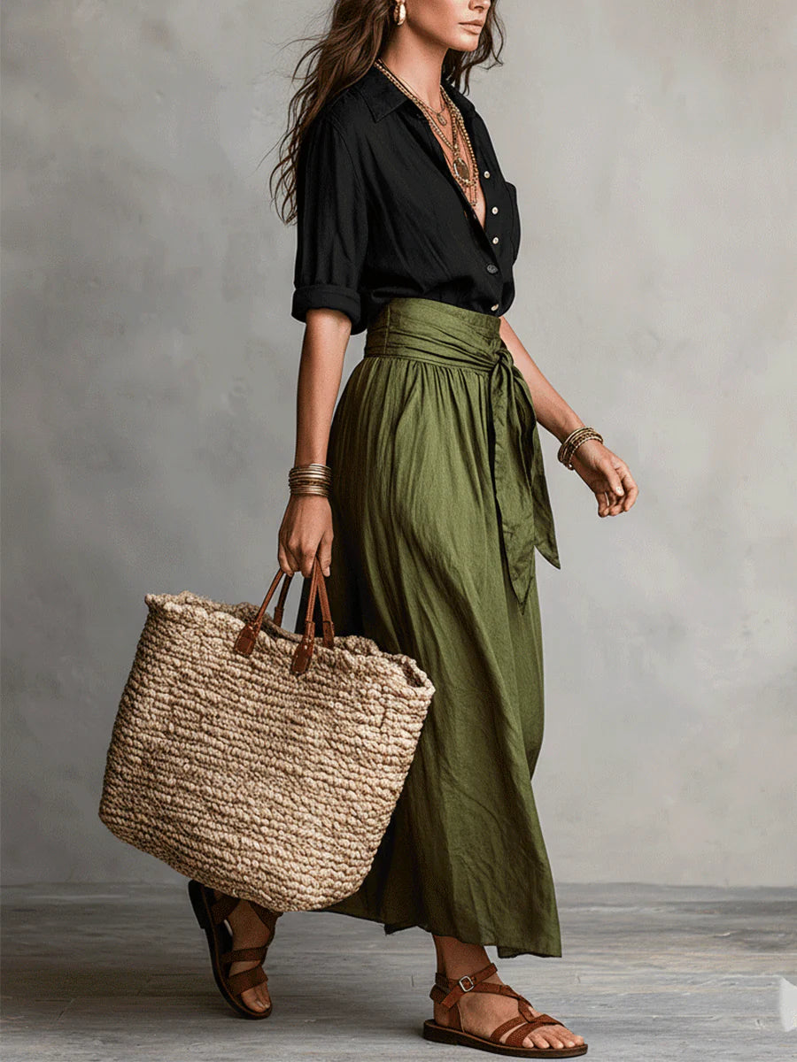 Ida | Women's Two-Piece Blouse and Midi Skirt Set – Long Sleeve Button Top Outfit