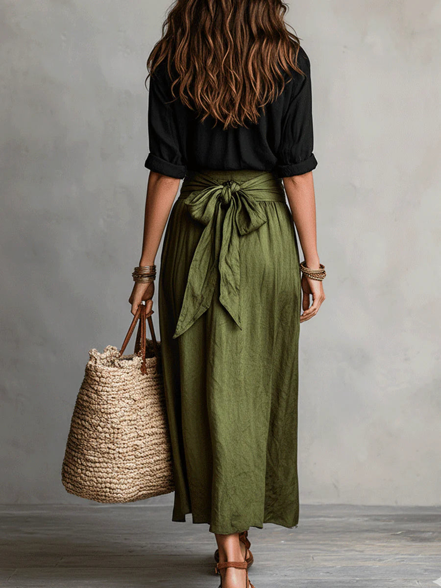 Ida | Women's Two-Piece Blouse and Midi Skirt Set – Long Sleeve Button Top Outfit