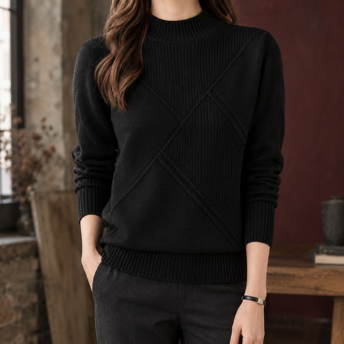 Paloma-Claire | Women's Geometric Knit Sweater – Raised Diagonal Texture