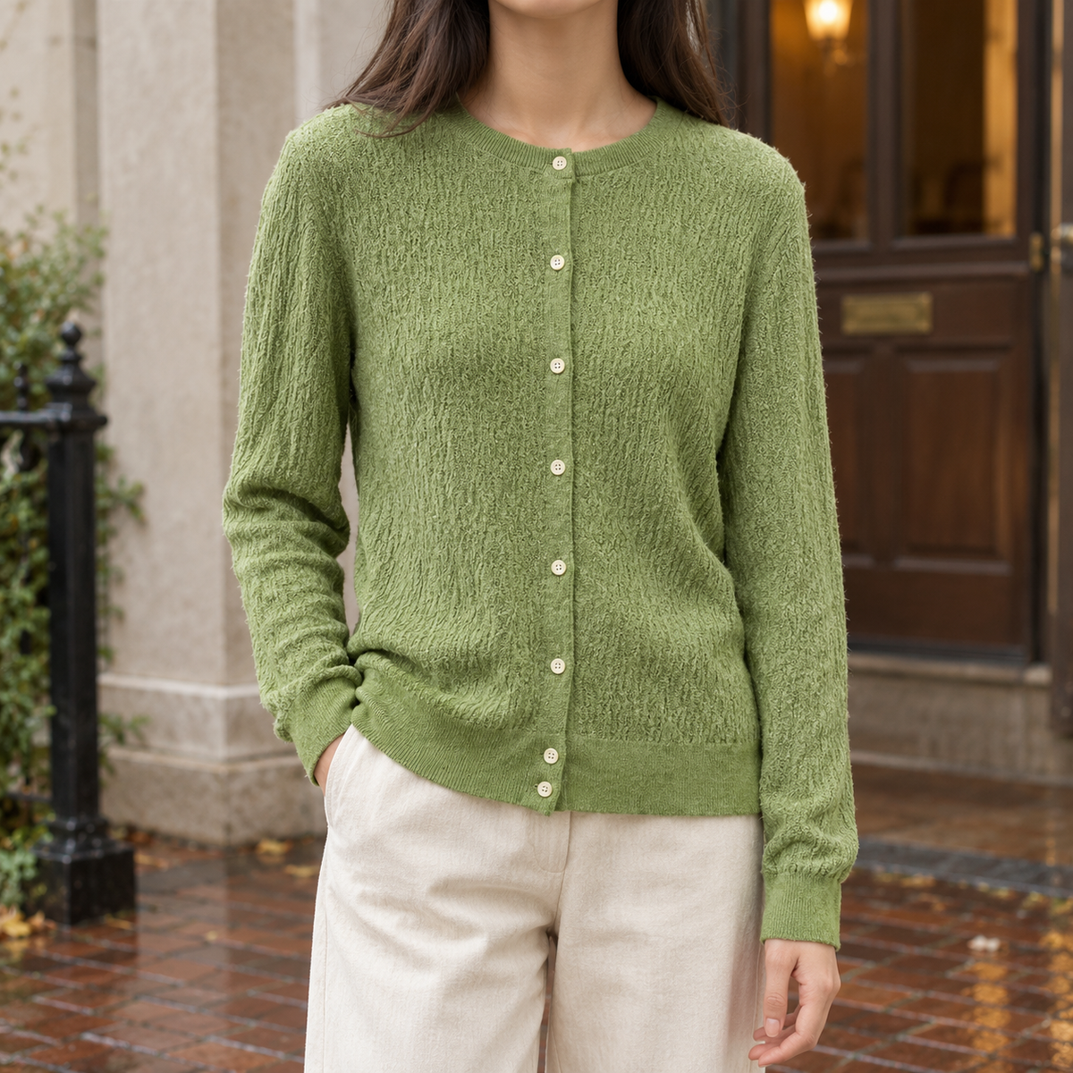 Benevolux | Women's Textured Knit Cardigan Crew Neck Button-Up