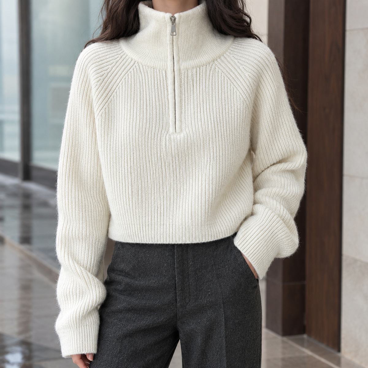 Genevieve-Jane | Women's Cropped Half-Zip Sweater – Plush Ribbed Knit