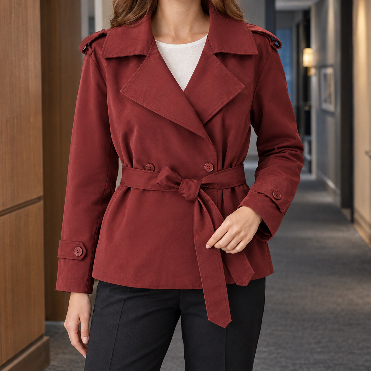 Benevolux | Women's Belted Trench Jacket Cropped Double-Breasted