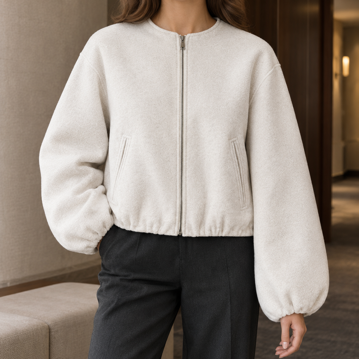 Benevolux | Women's Balloon Sleeve Jacket Cropped Zip-Up