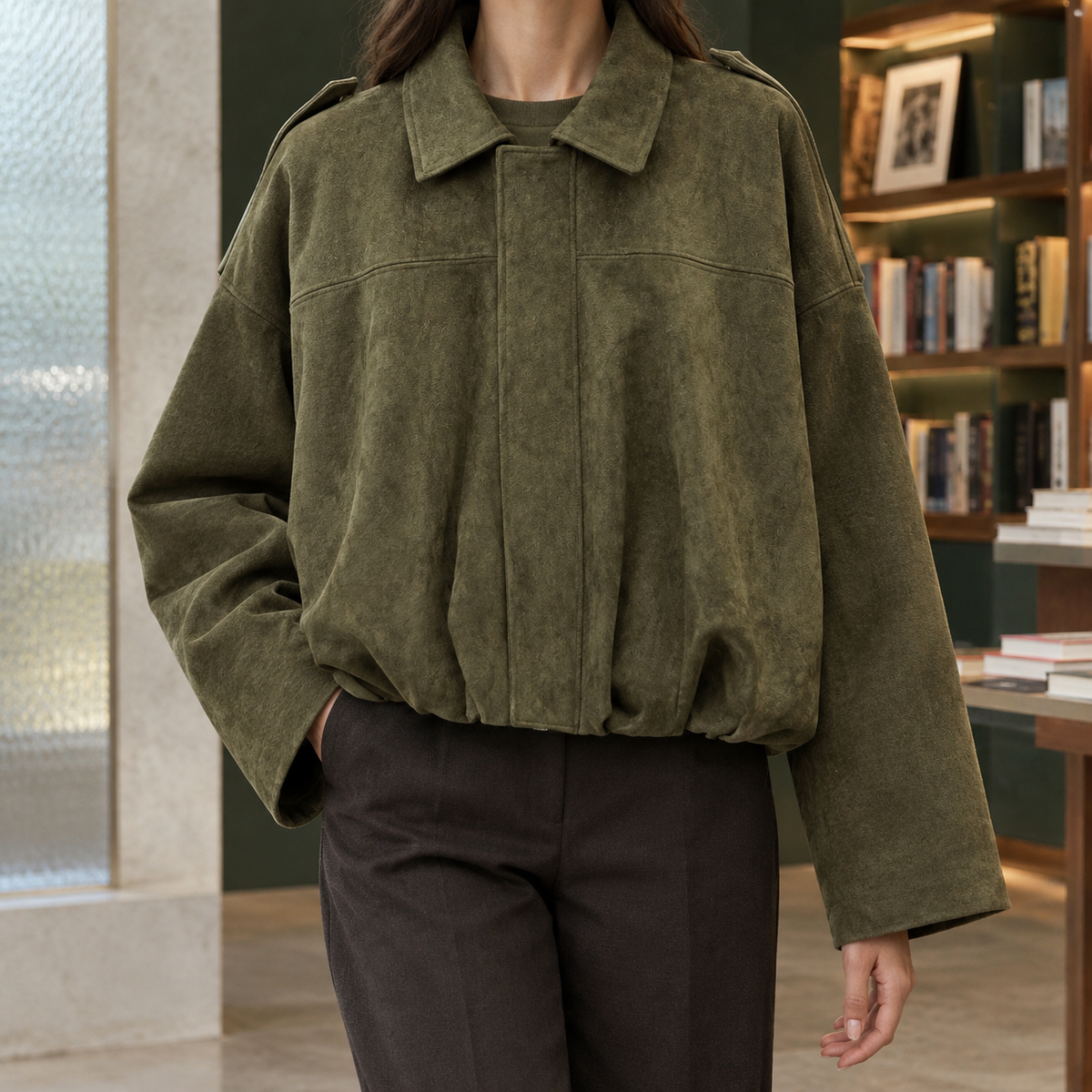 Jocasta-Skye | Women's Faux Suede Bomber Jacket – Cropped Oversized Fit
