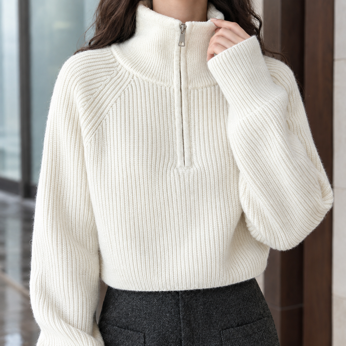 Genevieve-Jane | Women's Cropped Half-Zip Sweater – Plush Ribbed Knit