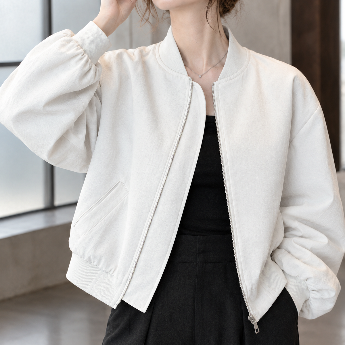 Benevolux | Women's Cropped Bomber Jacket Zip-Up Ribbed Collar