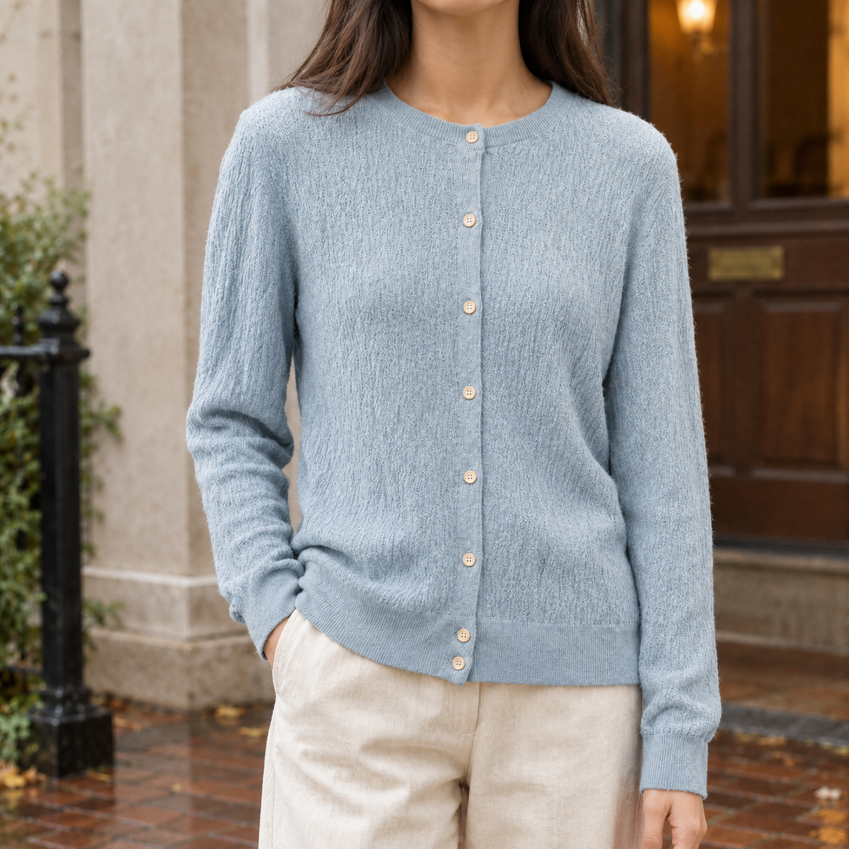 Benevolux | Women's Textured Knit Cardigan Crew Neck Button-Up