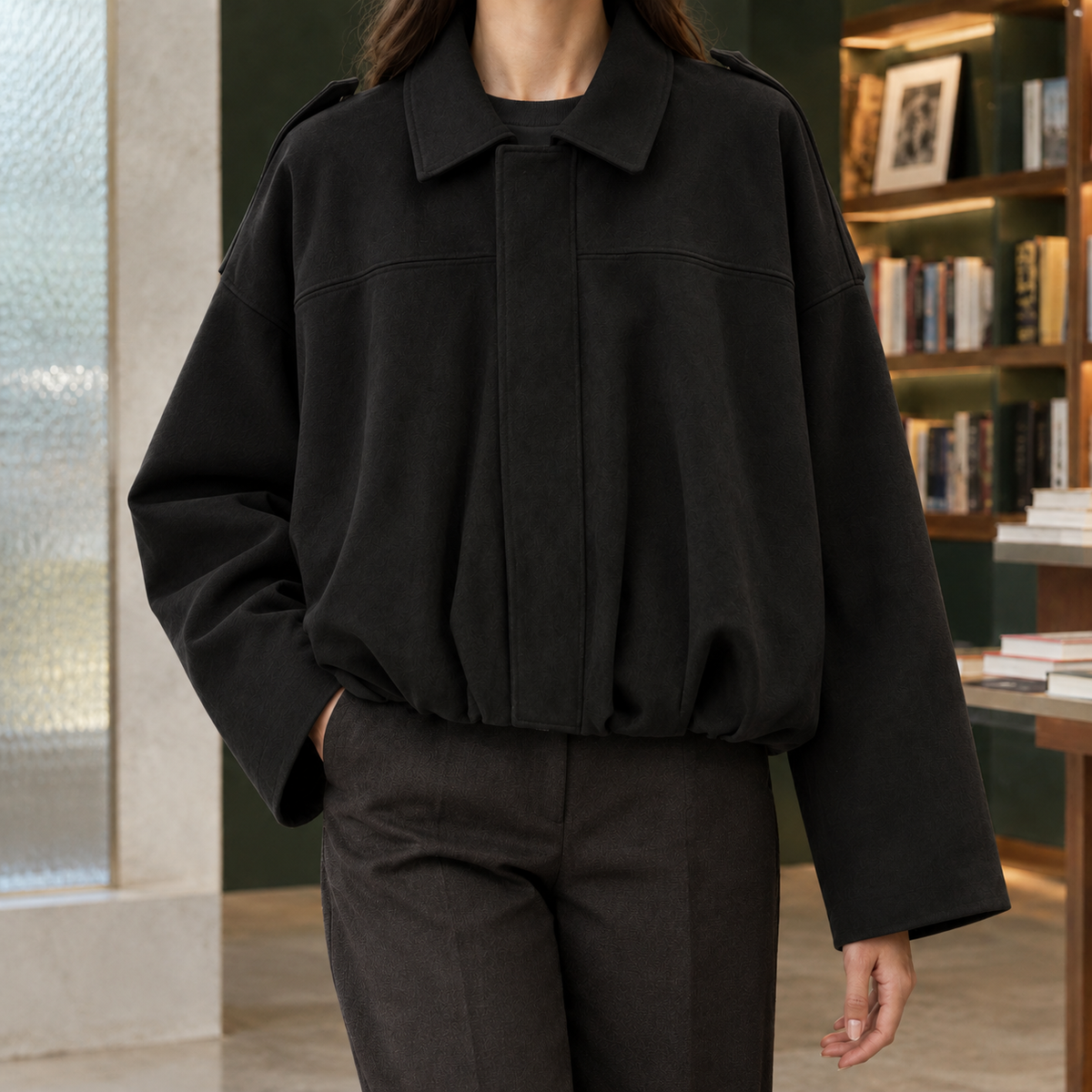 Jocasta-Skye | Women's Faux Suede Bomber Jacket – Cropped Oversized Fit