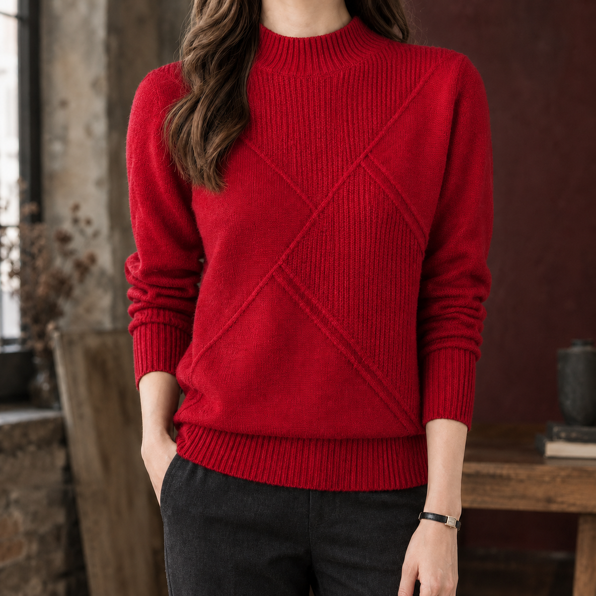 Paloma-Claire | Women's Geometric Knit Sweater – Raised Diagonal Texture