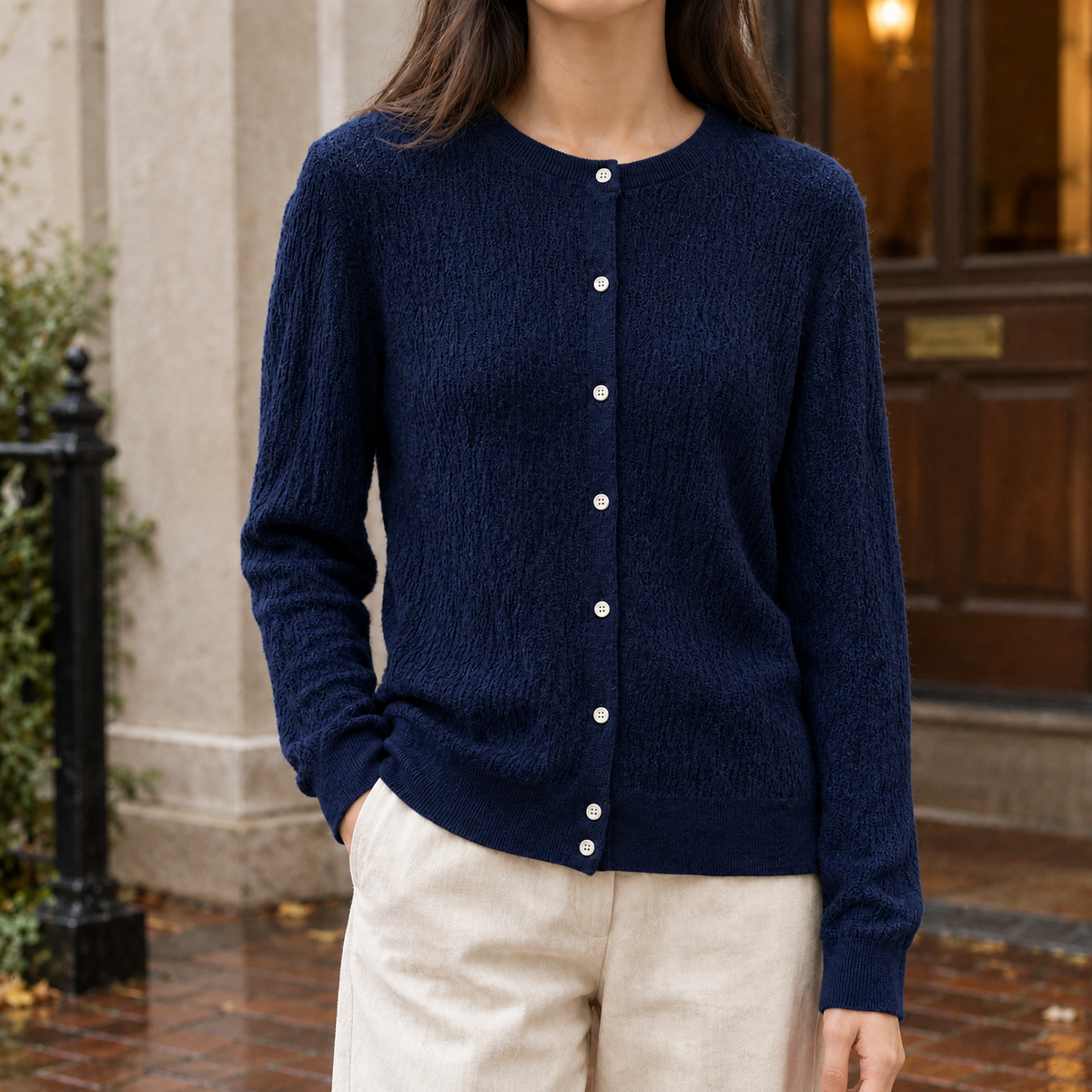 Benevolux | Women's Textured Knit Cardigan Crew Neck Button-Up