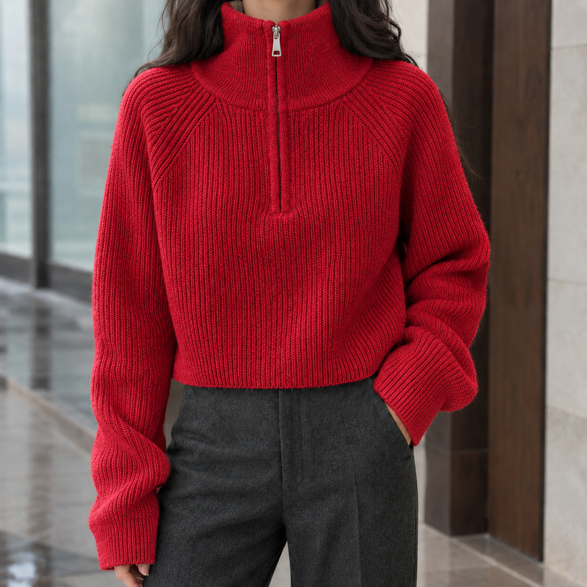 Genevieve-Jane | Women's Cropped Half-Zip Sweater – Plush Ribbed Knit