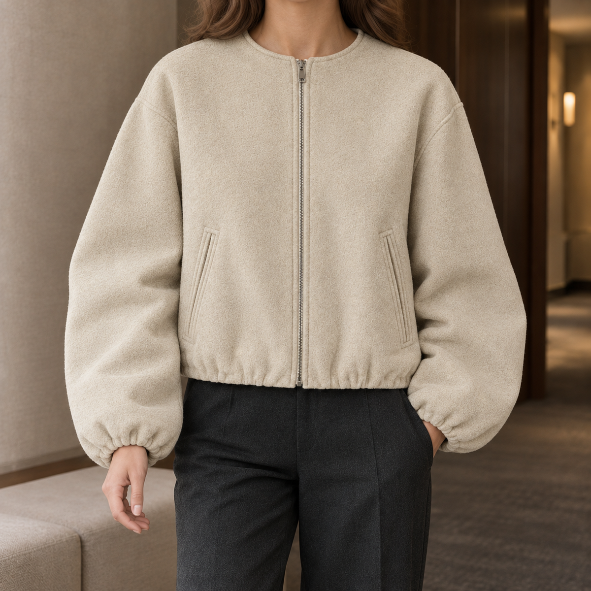 Benevolux | Women's Balloon Sleeve Jacket Cropped Zip-Up