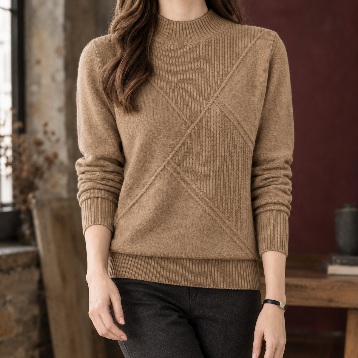 Paloma-Claire | Women's Geometric Knit Sweater – Raised Diagonal Texture
