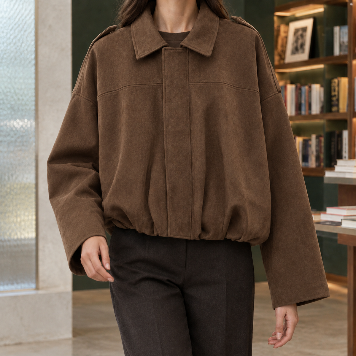 Jocasta-Skye | Women's Faux Suede Bomber Jacket – Cropped Oversized Fit