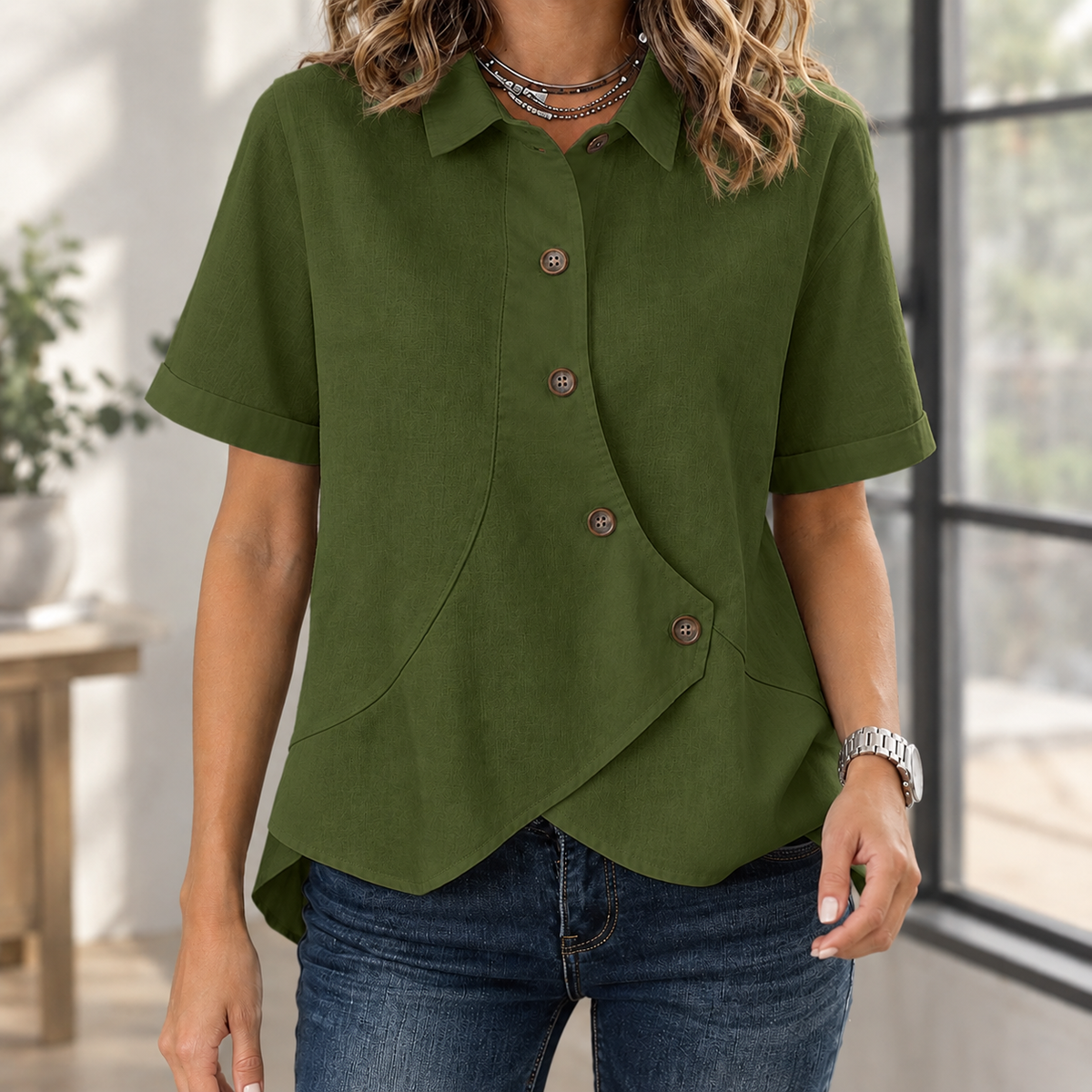 Benevolux | Women's Asymmetric Button-Down Shirt Short Sleeve