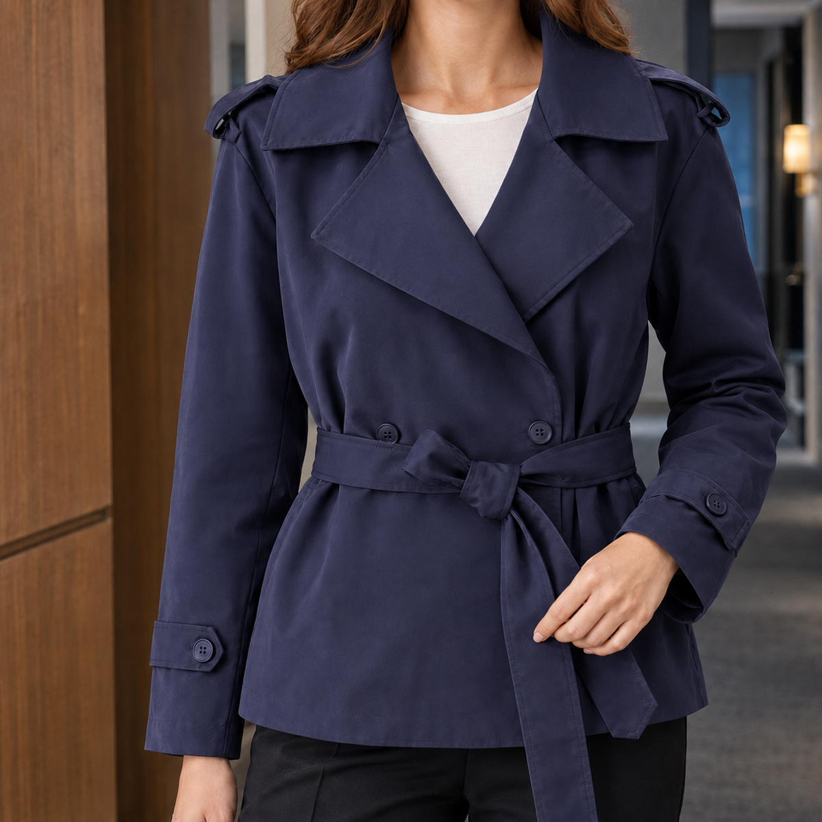 Benevolux | Women's Belted Trench Jacket Cropped Double-Breasted
