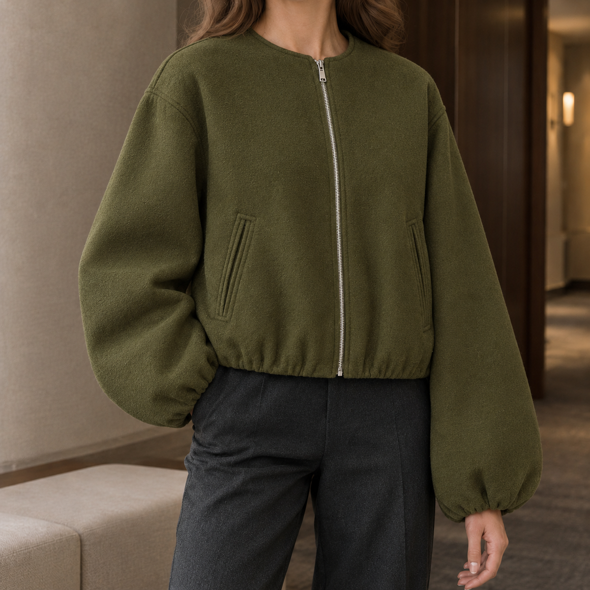 Benevolux | Women's Balloon Sleeve Jacket Cropped Zip-Up