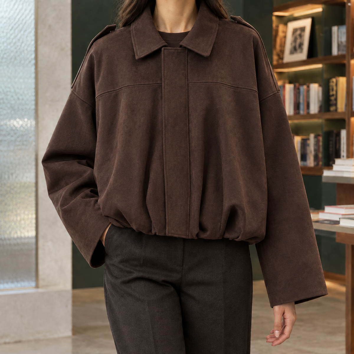 Jocasta-Skye | Women's Faux Suede Bomber Jacket – Cropped Oversized Fit