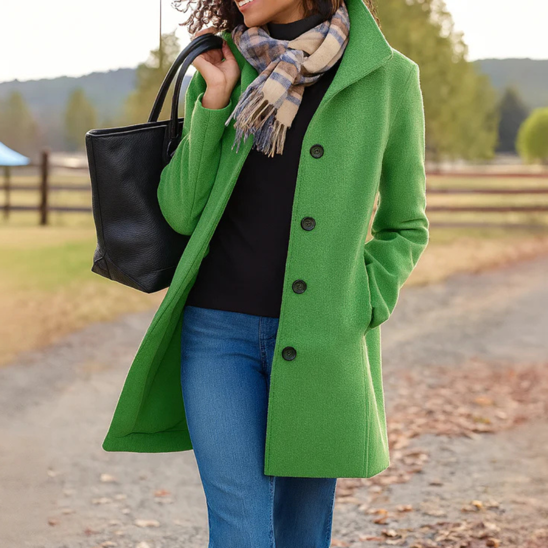 Ines | Women's Straight Cut Button Coat – Classic Long Sleeve Fall Winter Coat – Light Green
