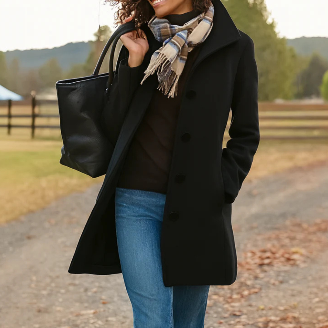 Ines | Women's Straight Cut Button Coat – Classic Long Sleeve Fall Winter Coat – Black