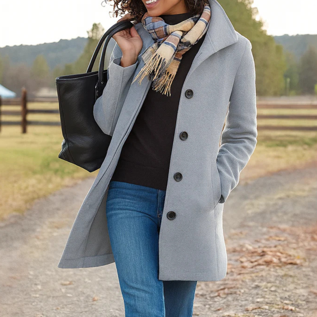 Ines | Women's Straight Cut Button Coat – Classic Long Sleeve Fall Winter Coat – Light Gray