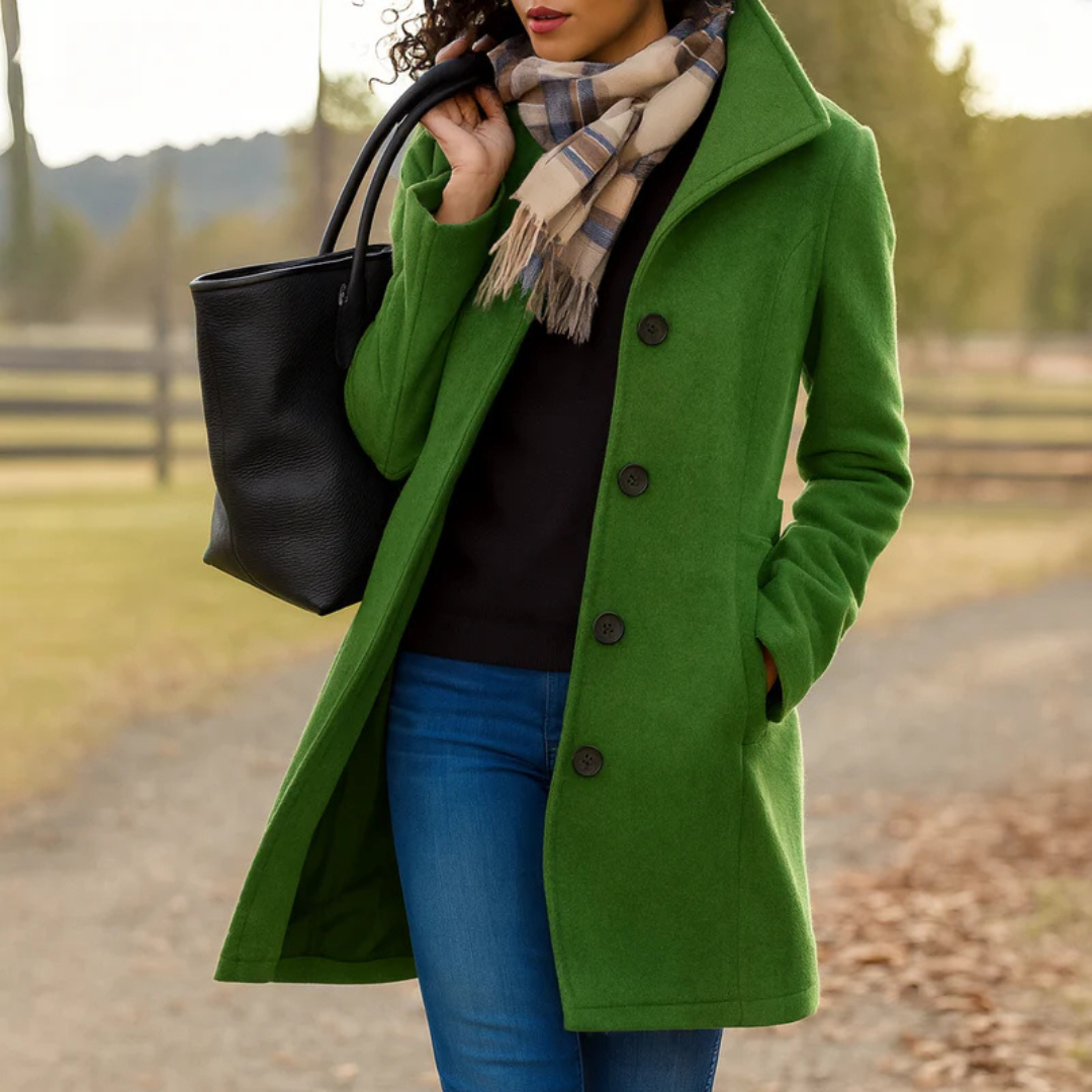Ines | Women's Straight Cut Button Coat – Classic Long Sleeve Fall Winter Coat – Green