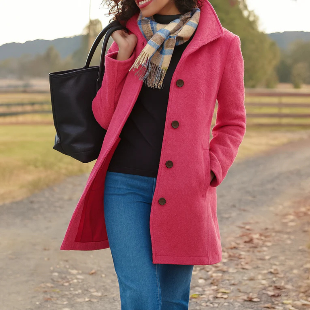 Ines | Women's Straight Cut Button Coat – Classic Long Sleeve Fall Winter Coat – Pink