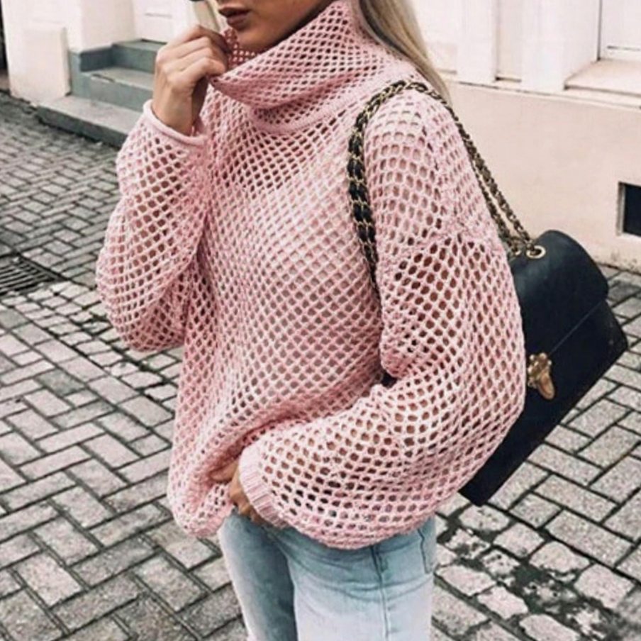 Isla | Women's Oversized Chunky Knit Turtleneck Sweater with Balloon Sleeves – Pink
