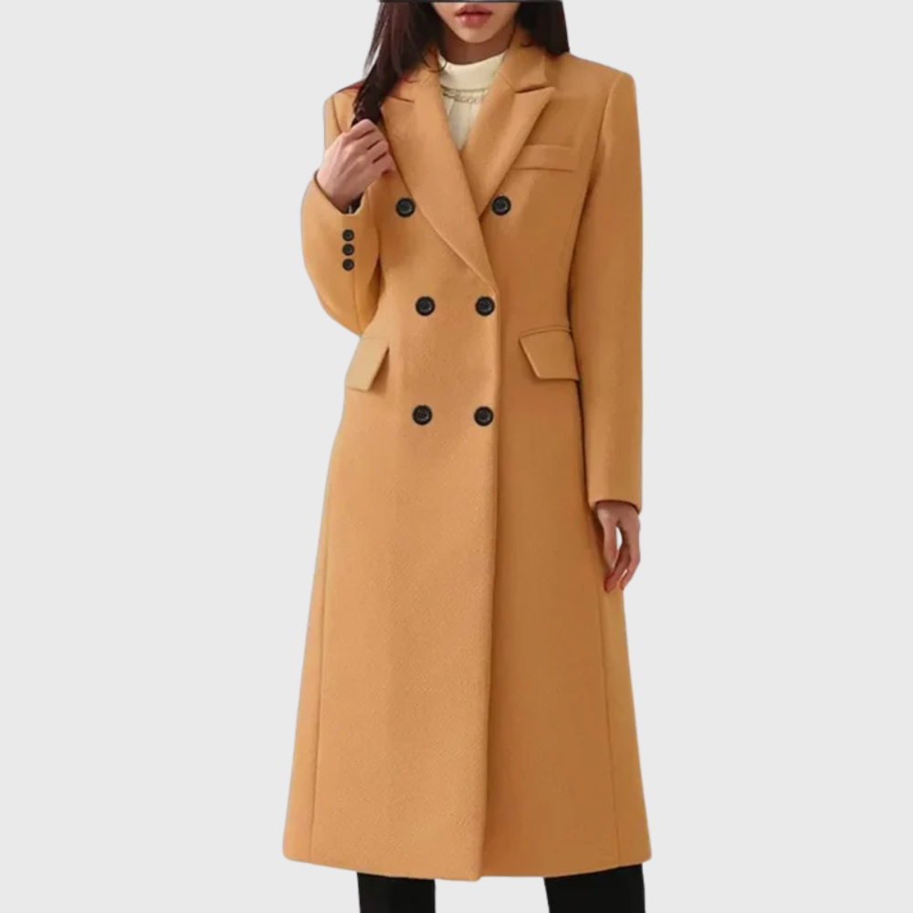 Jacqueline | Women's Double-Breasted Long Coat – Notched Lapels, Tailored Waist, Below-Knee – Camel