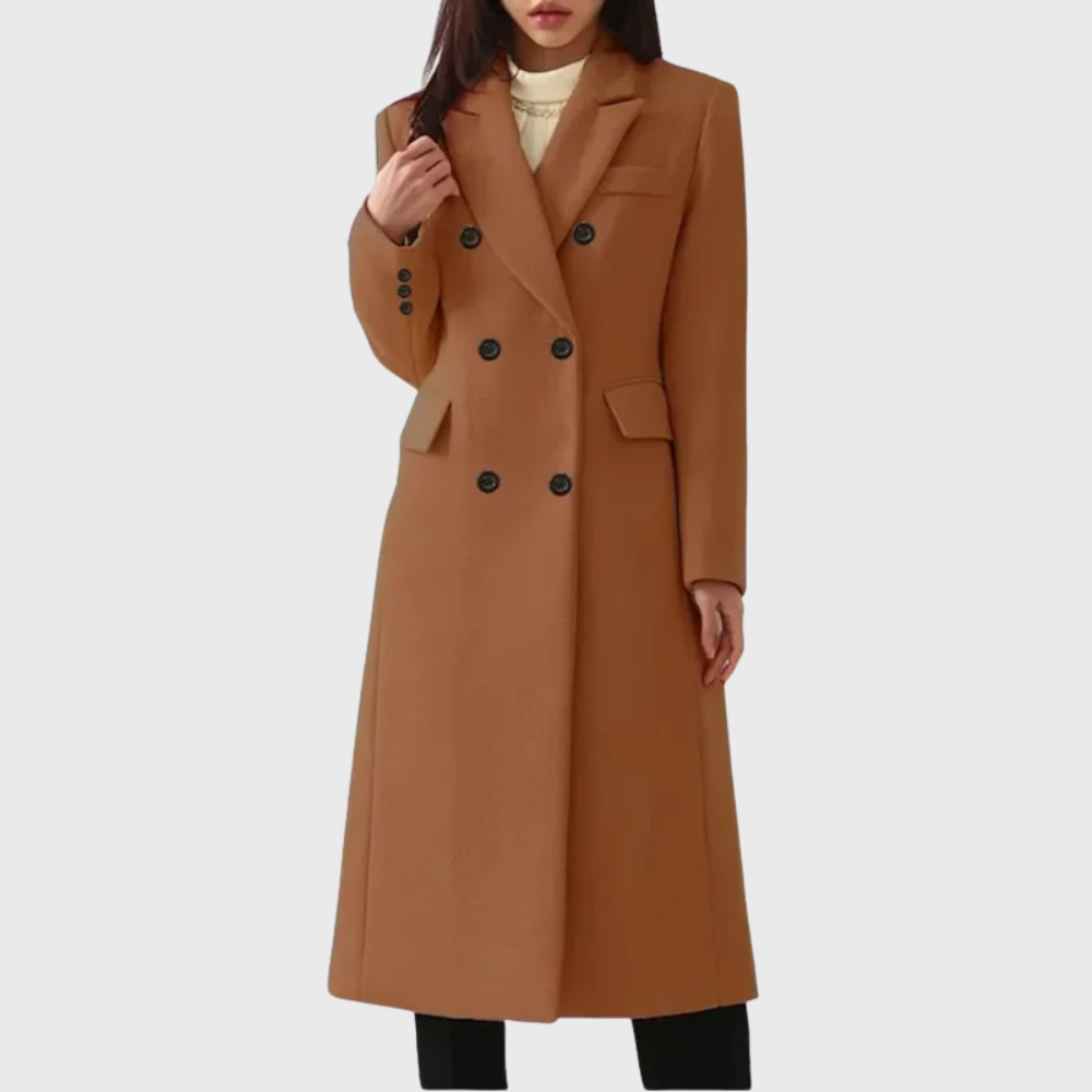Jacqueline | Women's Double-Breasted Long Coat – Notched Lapels, Tailored Waist, Below-Knee – Cinnamon
