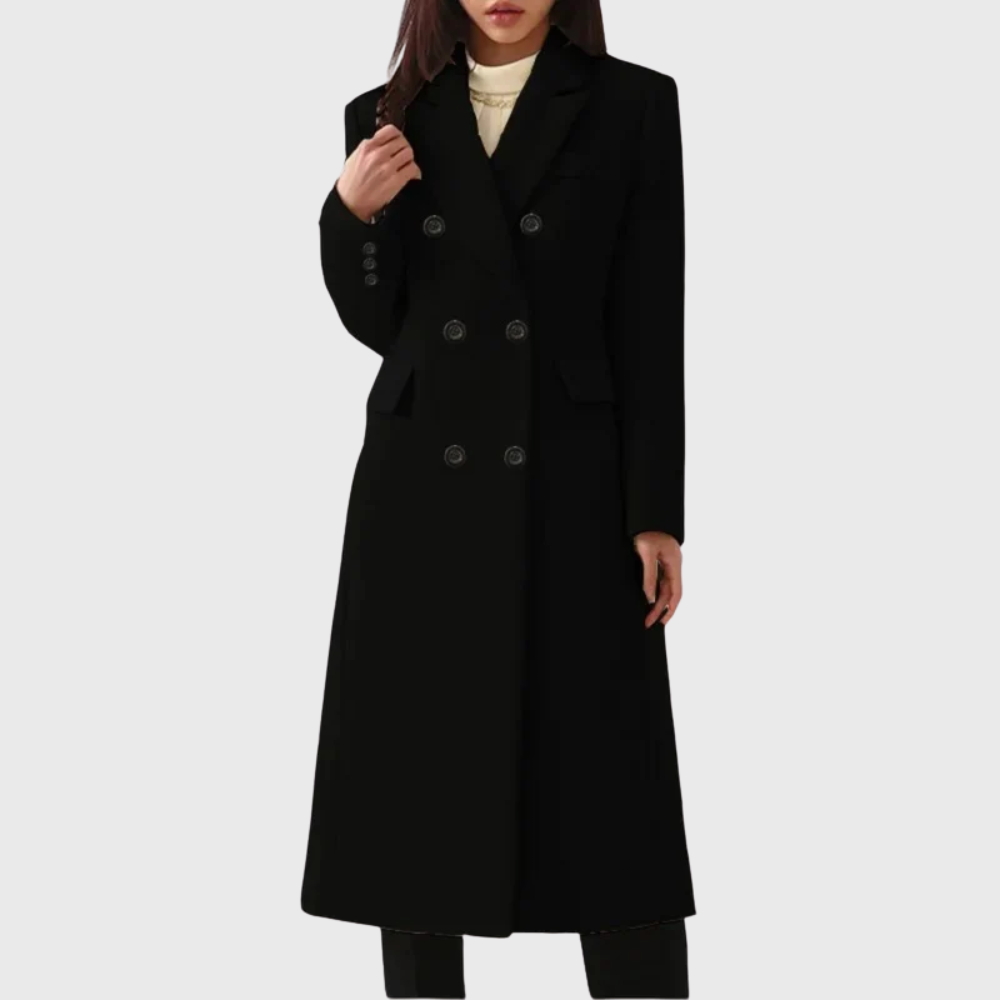Jacqueline | Women's Double-Breasted Long Coat – Notched Lapels, Tailored Waist, Below-Knee – Black