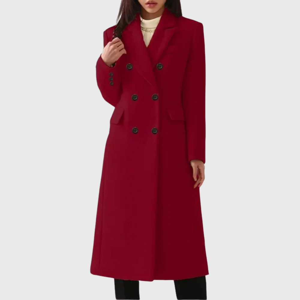 Jacqueline | Women's Double-Breasted Long Coat – Notched Lapels, Tailored Waist, Below-Knee – Wine Red