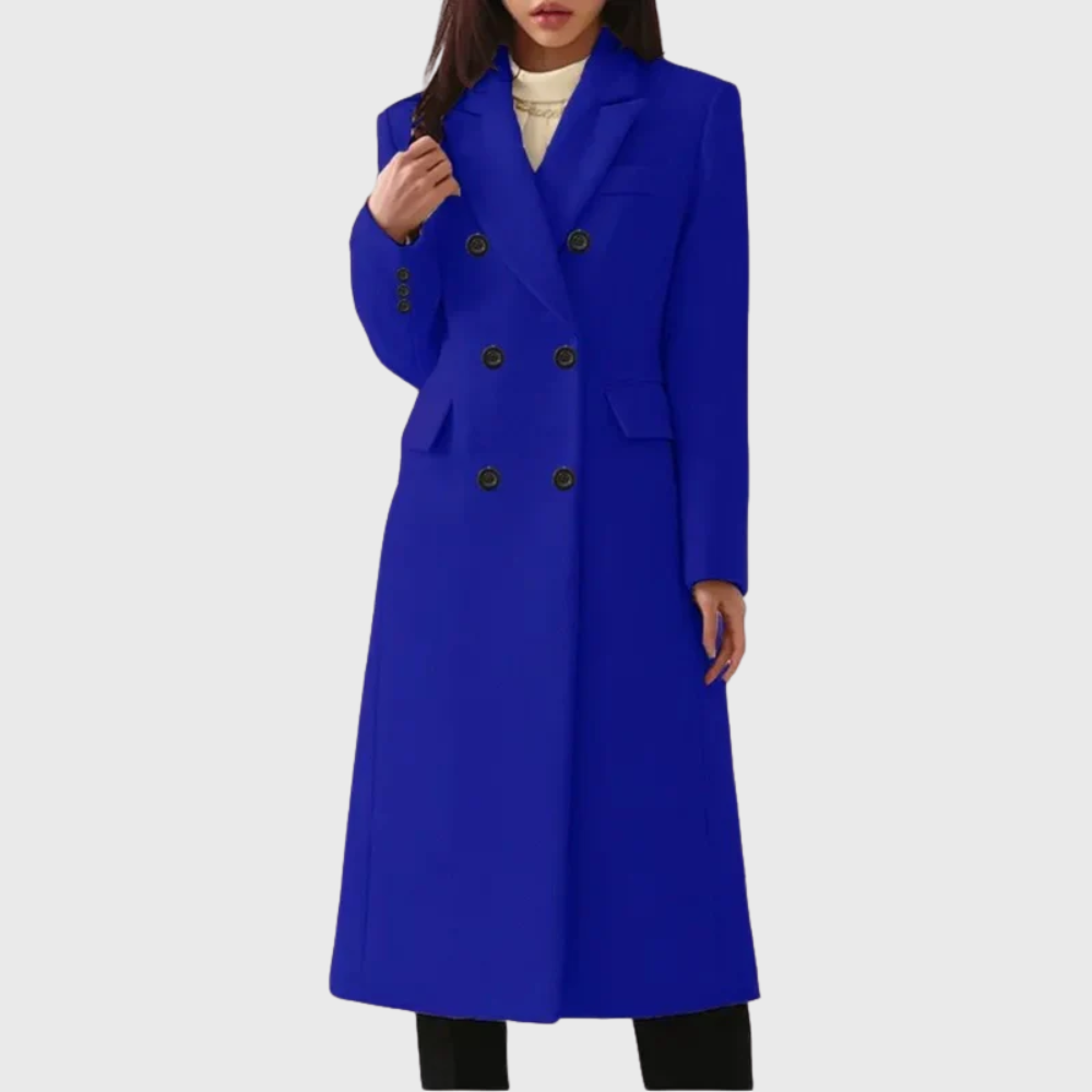 Jacqueline | Women's Double-Breasted Long Coat – Notched Lapels, Tailored Waist, Below-Knee – Royal Blue