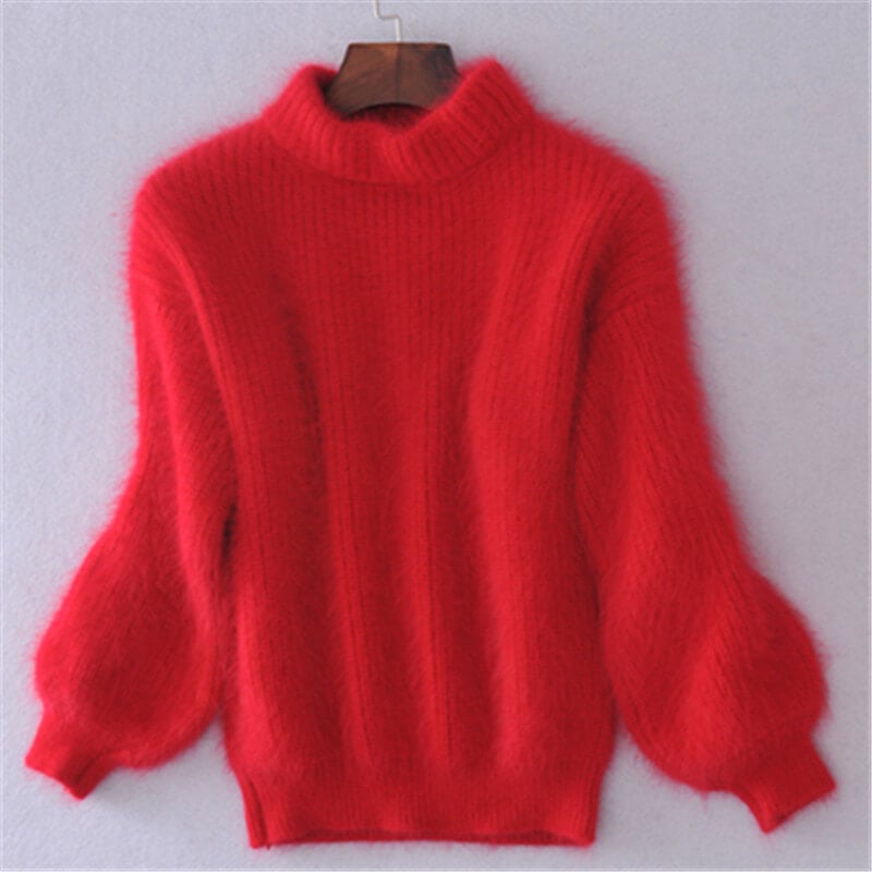 Jade | Women's Oversized Mock Neck Sweater – Relaxed Fit Long Sleeve Knit Pullover – Red