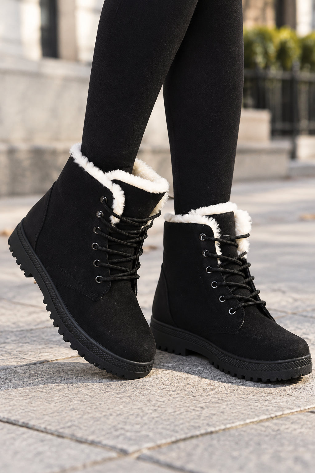 Jenna | Women's Lace-Up Winter Boots – Plush Collar, Faux Suede, Chunky Lug Sole – Black