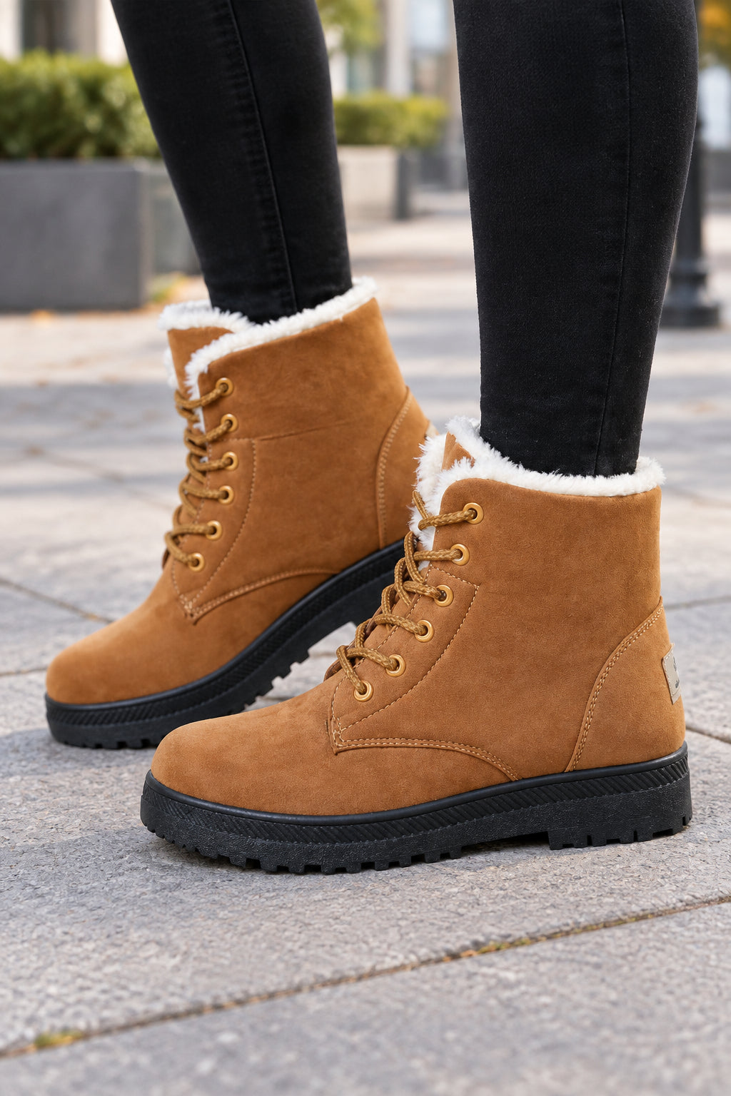 Jenna | Women's Lace-Up Winter Boots – Plush Collar, Faux Suede, Chunky Lug Sole – Camel