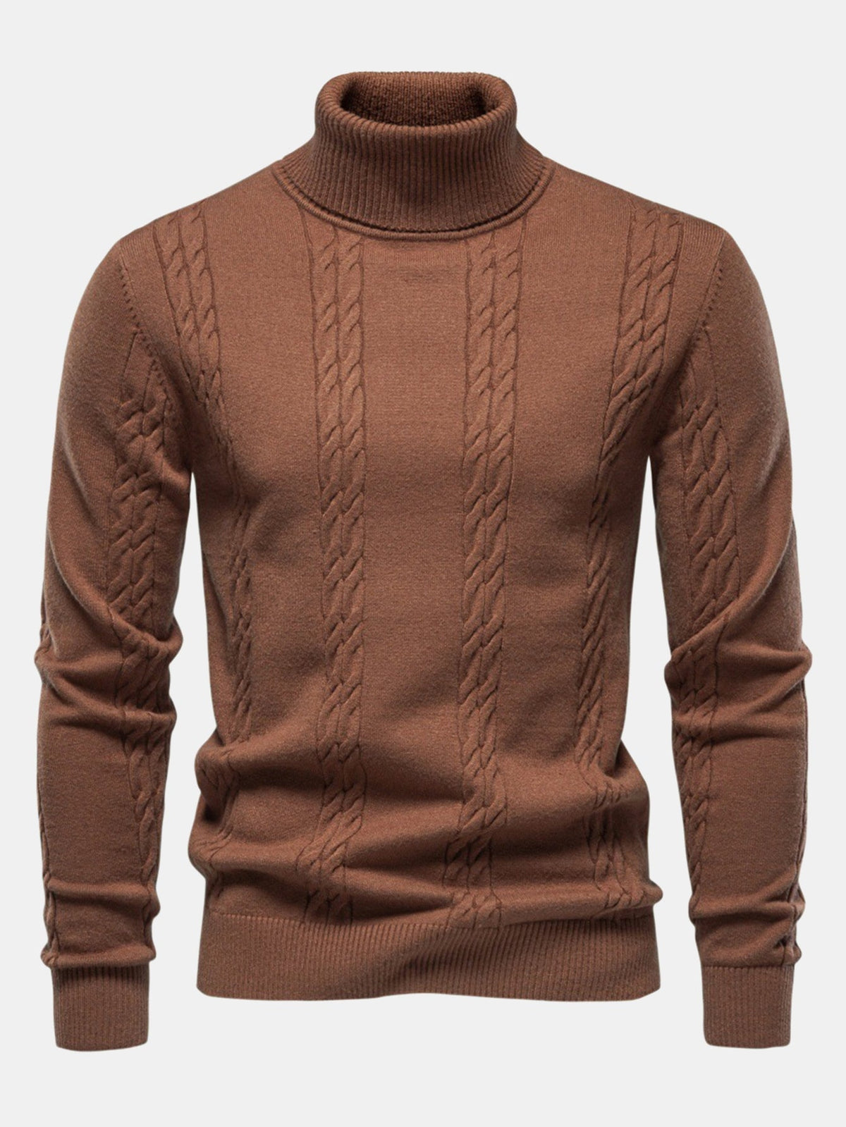 Jillian | Women's Cable Knit Turtleneck Sweater – Ribbed Neck, Cuffs and Hem – Cinnamon