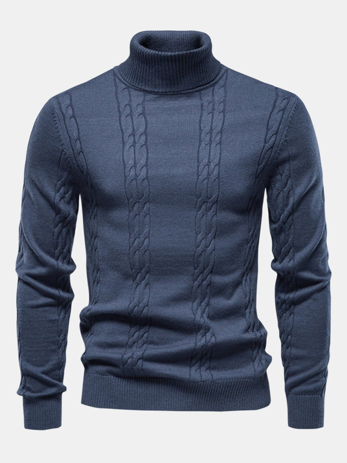 Jillian | Women's Cable Knit Turtleneck Sweater – Ribbed Neck, Cuffs and Hem – Denim Blue
