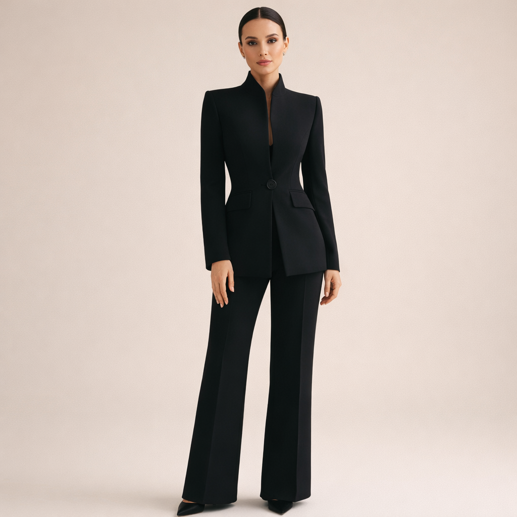 Joanna – Women's Tailored Pantsuit – Stand Collar Blazer and Flared Trousers